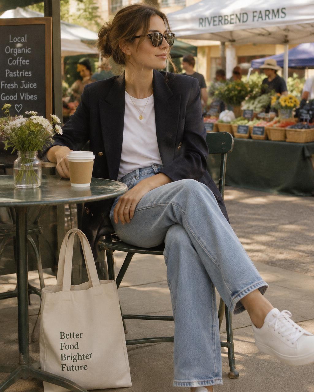 Navy blazer over white tee and light jeans with white sneakers at a market cafe
