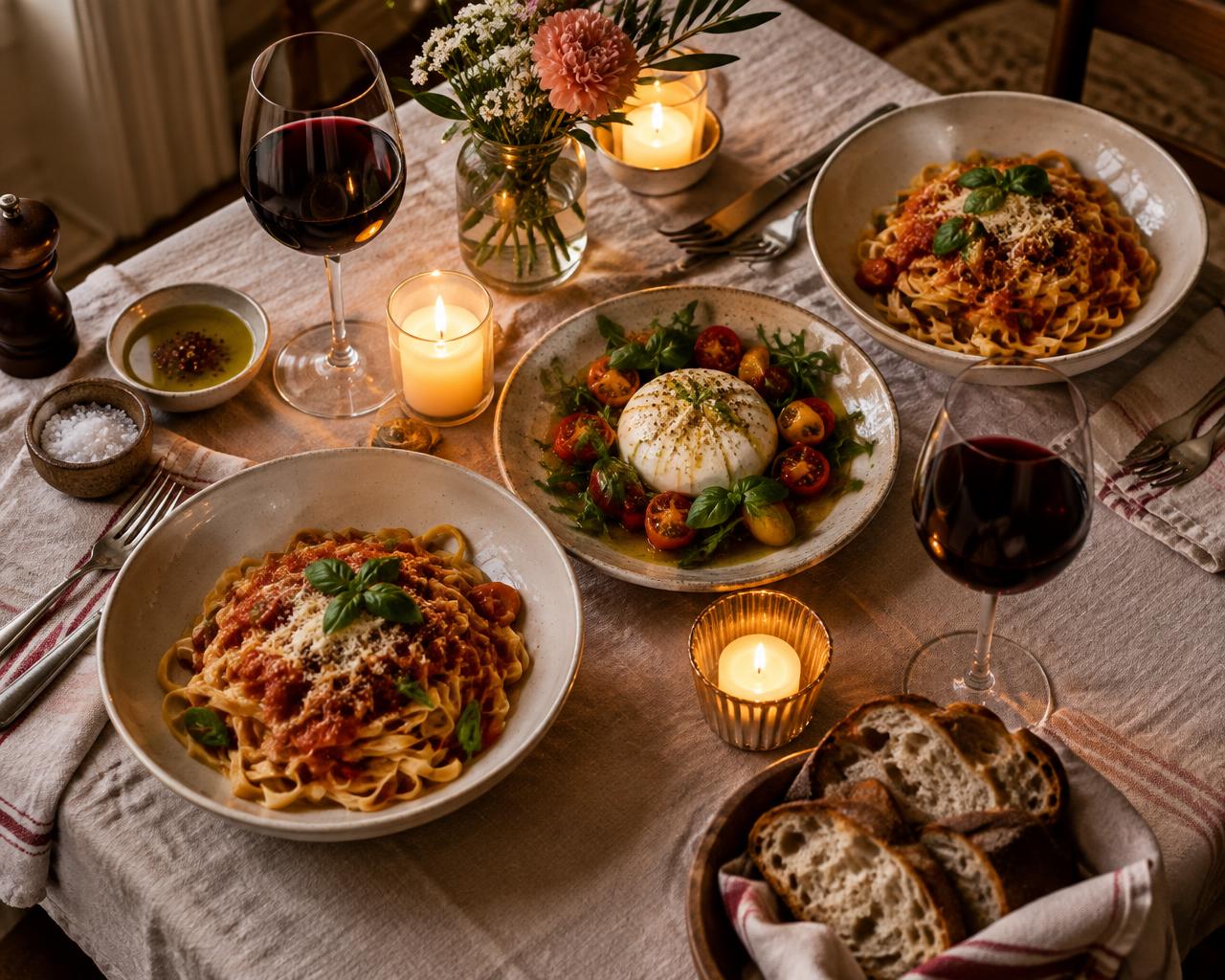 Candlelit table for two with tagliatelle, burrata and red wine